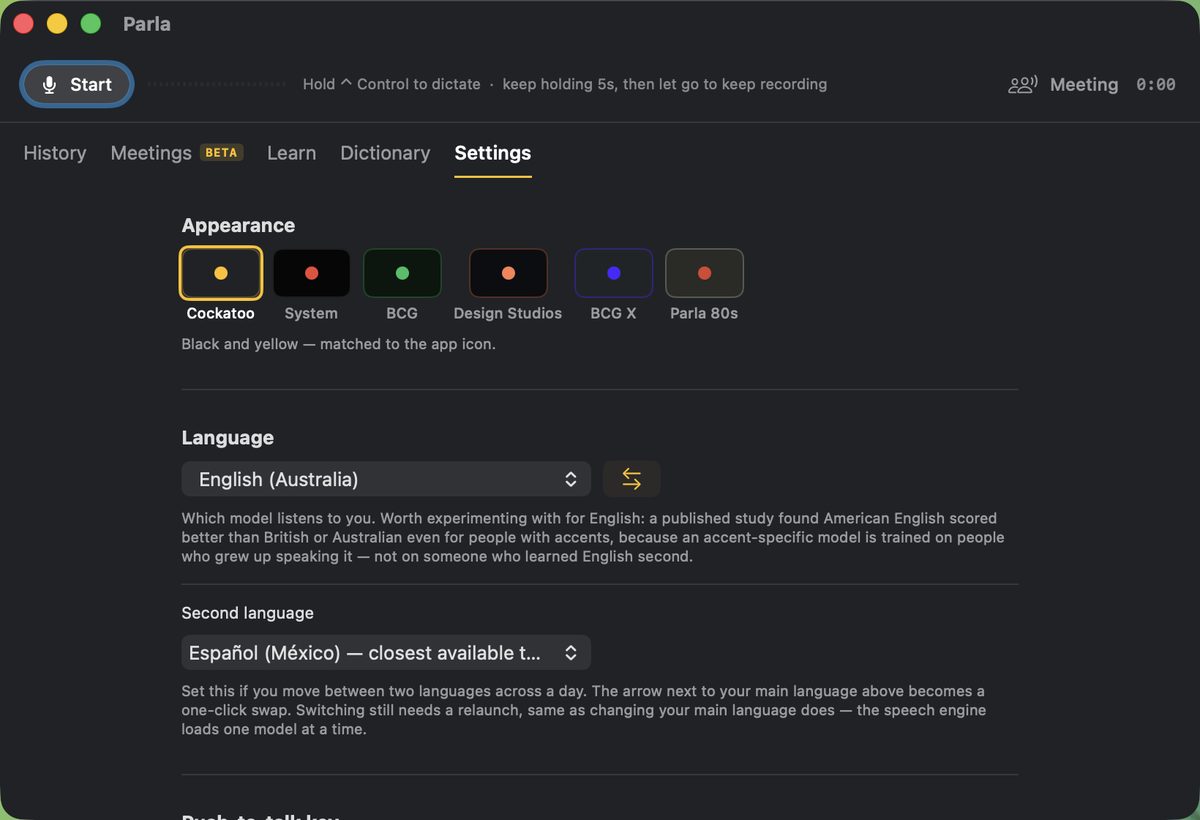 Parla, the dictation app, running on macOS